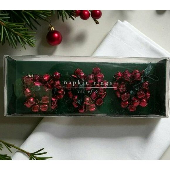 New Pier 1 Imports Jingle Bell Napkin Rings Holders Red Christmas Holiday Set 6 - Picture 1 of 7